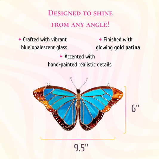 This dimensions infographic shows the stained glass morpho butterfly measures 6 inches tall and 9.5 inches wide.