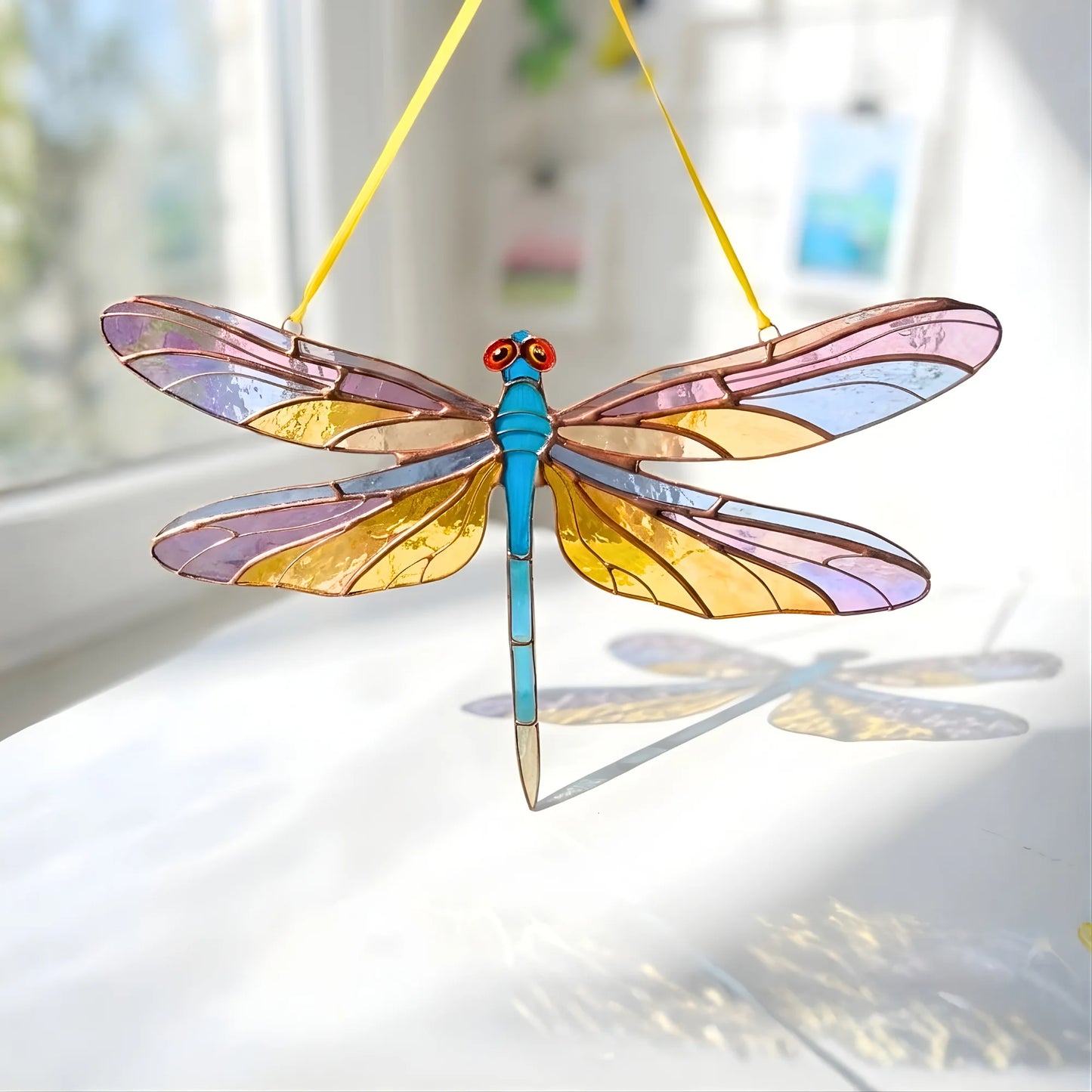 Dragonfly with Amethyst & Gold Wings · Stained Glass Suncatcher