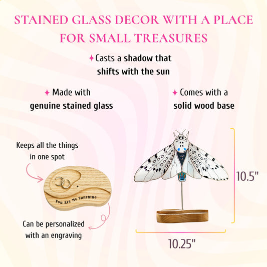 This infographic highlights a handcrafted white moth stained glass decor piece on a solid wood base featuring a carved dish for small treasures, showcasing it as a wonderful and personalized gift choice.