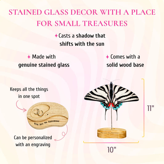 This dimension and feature infographic details the elegant white swallowtail butterfly stained glass decor measuring 11 inches tall by 10 inches wide, complete with a solid wood base for small treasures.