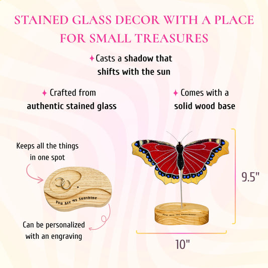 This dimension and feature infographic highlights a vibrant red butterfly stained glass decor measuring 9.5 inches tall by 10 inches wide, featuring a solid wood base designed to hold small treasures and keep everything in one place.