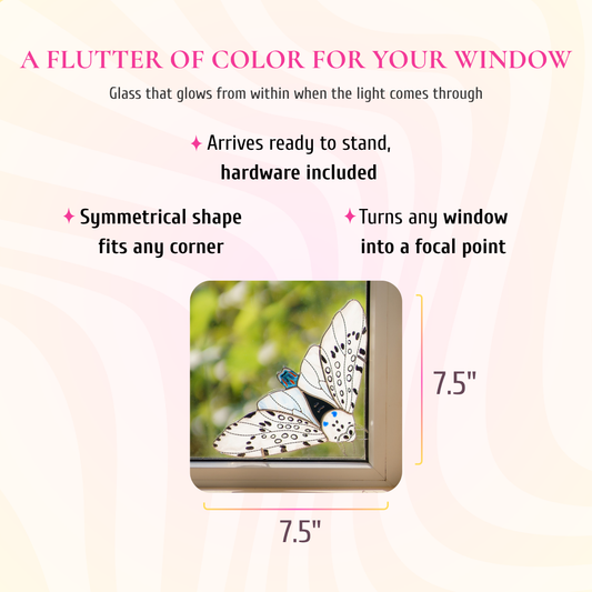 Giant Leopard Moth stained glass window corner size guide, 7.5 by 7.5 inches with hardware included