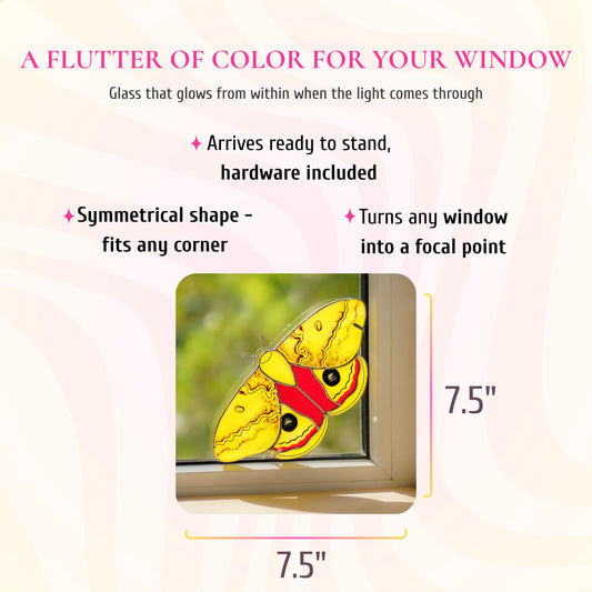 Io moth stained glass window corner, 7.5 by 7.5 inches, shown in a window corner. Text: a flutter of color for your window, glass that glows from within when the light comes through. Arrives ready to stand with hardware included, its symmetrical shape fits any corner and turns any window into a focal point.