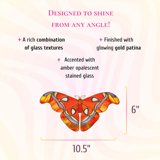 This dimensions infographic shows the stained glass butterfly with flowers measures 6 inches tall and 10.5 inches wide.