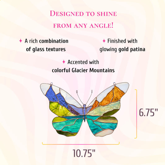 This dimensions infographic specifies that the stained glass glacier mountains butterfly measures 6.75 inches by 10.75 inches.