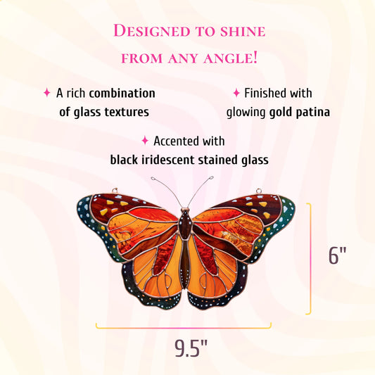 This dimensions infographic specifies that the stained glass glacier mountains butterfly measures 6.75 inches by 10.75 inches.
