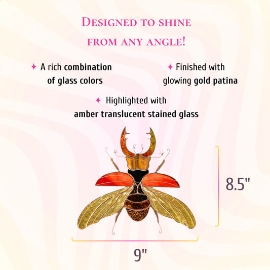 This dimensions infographic shows the stained glass stag beetle is 8.5 inches tall and 9 inches wide, featuring amber translucent glass.