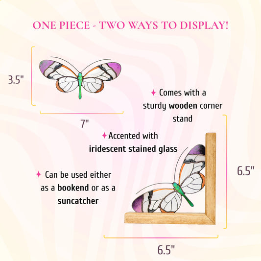 A dimension and feature infographic showing a white and orange stained glass butterfly measuring 7 inches wide by 3.5 inches tall, which can serve as a suncatcher or a bookend.