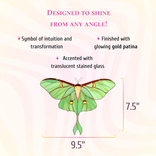 Stained glass green luna moth dimensions infographic showing a height of 7.5 inches and a width of 9.5 inches.