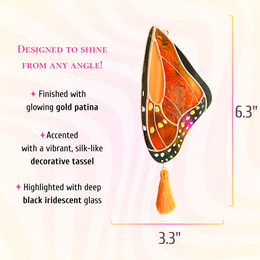 This dimensions infographic shows the stained glass butterfly wing is 6.3 inches tall and 3.3 inches wide, featuring a decorative tassel.
