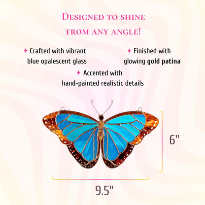 This dimensions infographic shows the stained glass morpho butterfly measures 6 inches tall and 9.5 inches wide.