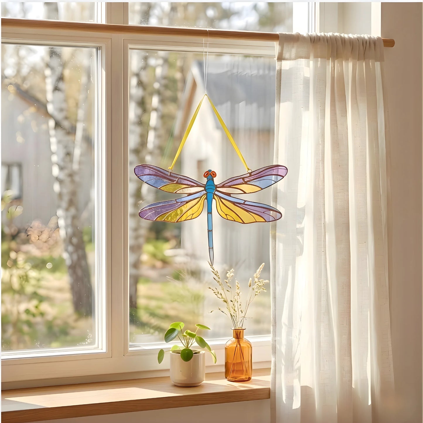 Dragonfly with Amethyst & Gold Wings · Stained Glass Suncatcher