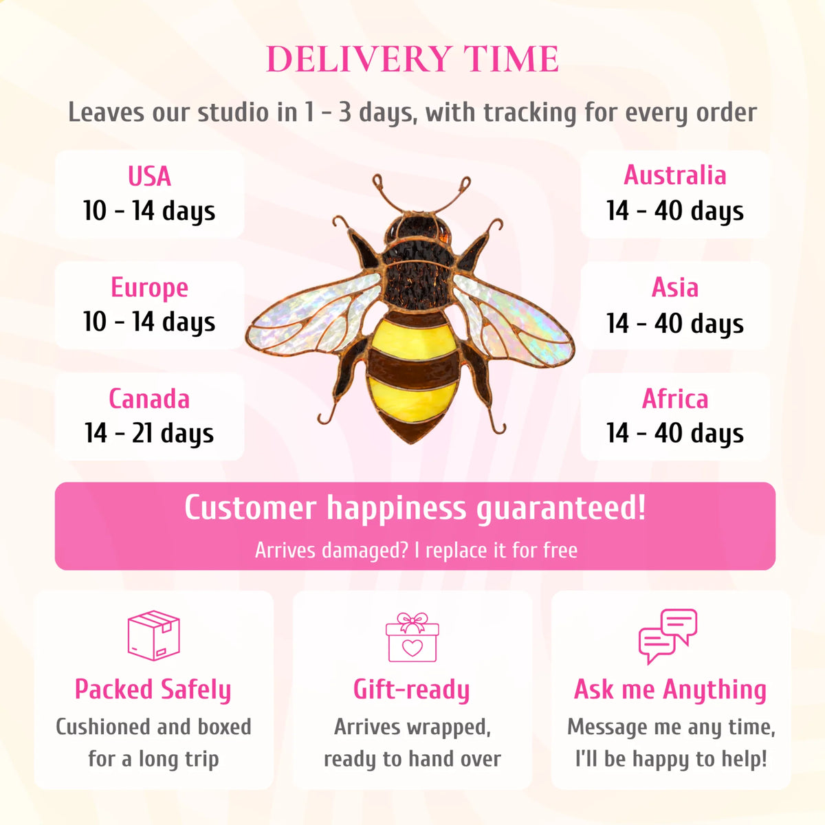 Delivery info for the mini bee stained glass suncatcher. Ships from the studio in 1-3 days with tracking. Delivery: USA and Europe 10-14 days, Canada 14-21 days, Australia, Asia and Africa 14-40 days. If it arrives damaged, it is replaced for free. Cushioned and boxed for the trip, arrives gift-wrapped, and you can message the maker any time.