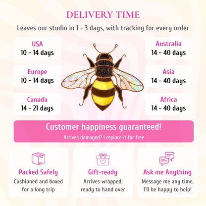 Delivery info for the mini bee stained glass suncatcher. Ships from the studio in 1-3 days with tracking. Delivery: USA and Europe 10-14 days, Canada 14-21 days, Australia, Asia and Africa 14-40 days. If it arrives damaged, it is replaced for free. Cushioned and boxed for the trip, arrives gift-wrapped, and you can message the maker any time.
