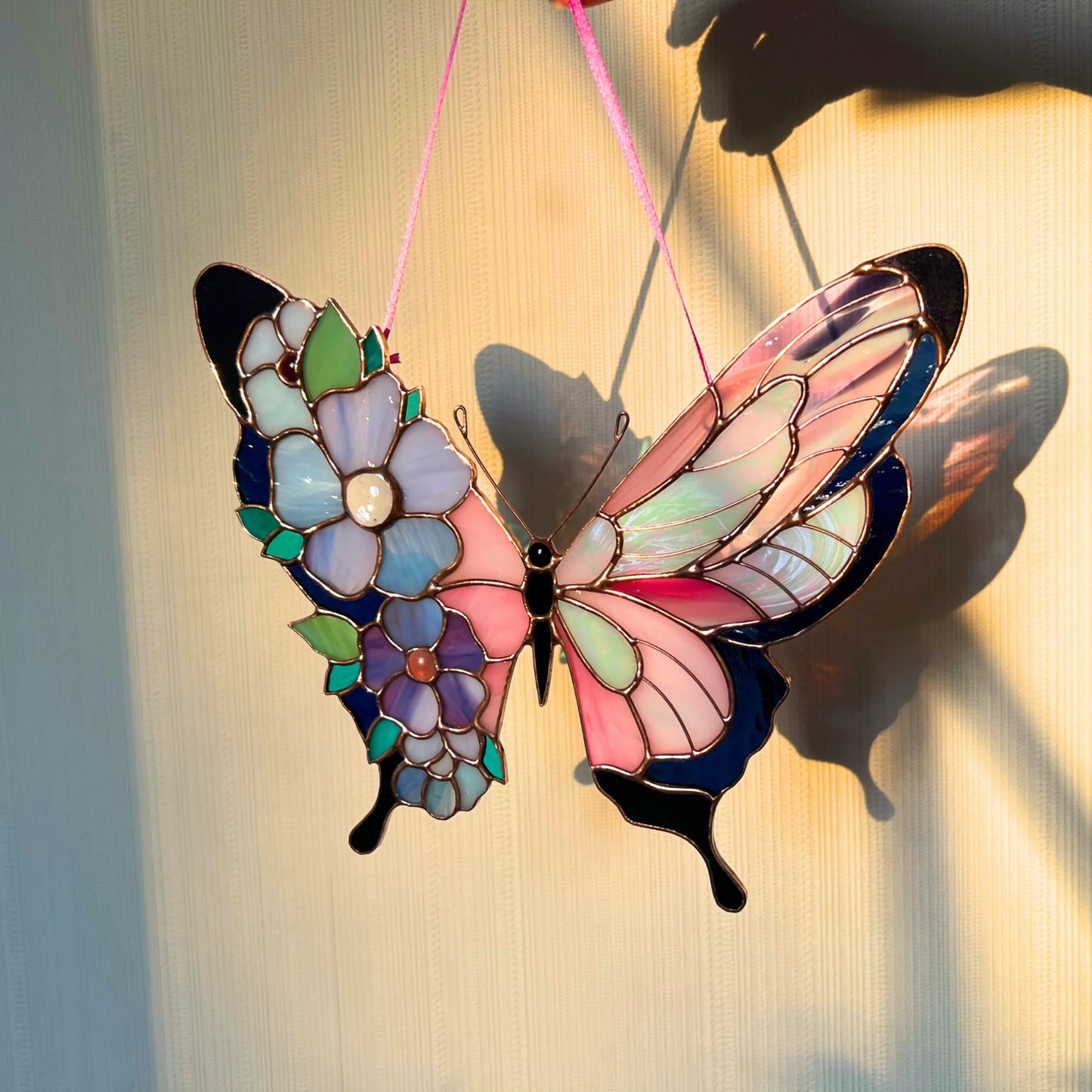 Pink Butterfly with Floral Wings · Stained Glass Suncatcher