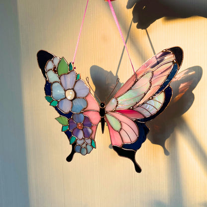 Pink Butterfly with Floral Wings · Stained Glass Suncatcher