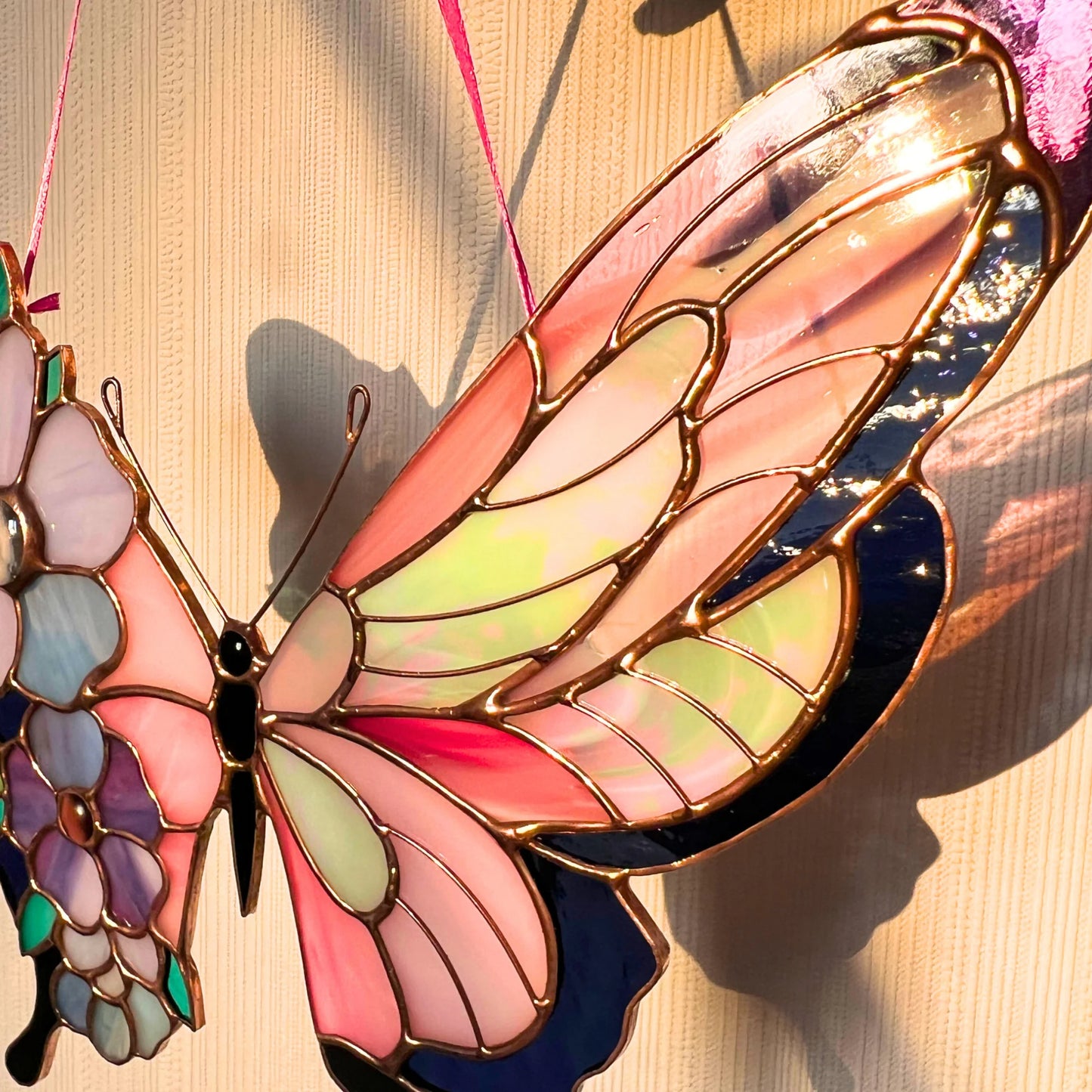 Pink Butterfly with Floral Wings · Stained Glass Suncatcher
