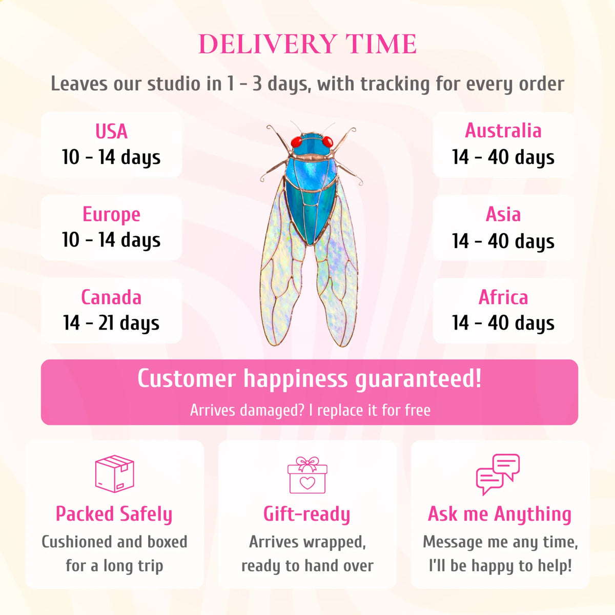 Delivery info for the blue stained glass cicada suncatcher. Ships from the studio in 1-3 days with tracking. Delivery: USA and Europe 10-14 days, Canada 14-21 days, Australia, Asia and Africa 14-40 days. If it arrives damaged, it is replaced for free. Cushioned and boxed for the trip, arrives gift-wrapped, and you can message the maker any time.