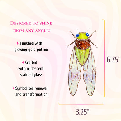 Green and amber stained glass cicada suncatcher with blue eyes, 3.25 inches wide and 6.75 inches tall. Text: designed to shine from any angle. Finished with glowing gold patina, crafted with iridescent stained glass, symbolizes renewal and transformation.