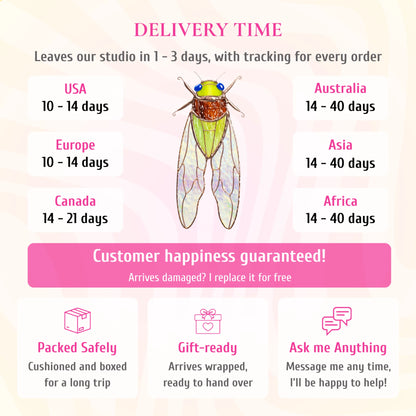 Delivery info for the green stained glass cicada suncatcher. Ships from the studio in 1-3 days with tracking. Delivery: USA and Europe 10-14 days, Canada 14-21 days, Australia, Asia and Africa 14-40 days. If it arrives damaged, it is replaced for free. Cushioned and boxed for the trip, arrives gift-wrapped, and you can message the maker any time.