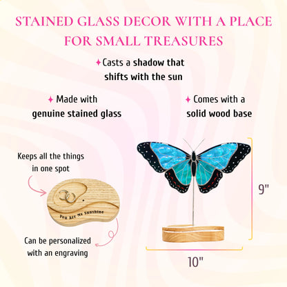 This feature infographic presents a stunning blue butterfly stained glass decor piece standing 9 inches tall by 10 inches wide, featuring a solid wood base with a charming dish for tiny keepsakes.