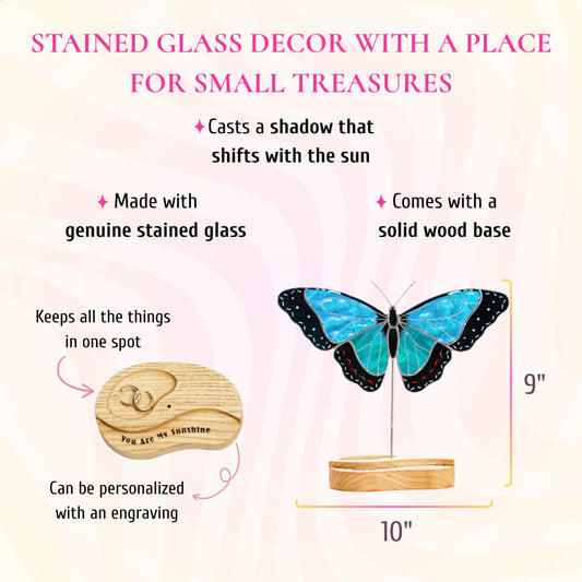 This feature infographic presents a stunning blue butterfly stained glass decor piece standing 9 inches tall by 10 inches wide, featuring a solid wood base with a charming dish for tiny keepsakes.