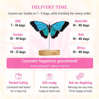 This shipping schedule infographic details global delivery estimates and damage replacement guarantees for the blue butterfly stained glass treasure holder, ensuring a worry-free gifting experience.