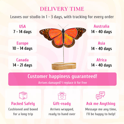 This delivery and customer care infographic highlights safe packaging and worldwide shipping times for the orange monarch butterfly stained glass decor, celebrating it as a gift-ready masterpiece.