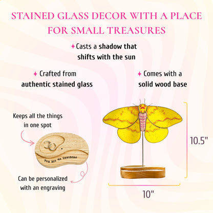 This feature infographic highlights a charming yellow moth stained glass decor measuring 10.5 inches tall by 10 inches wide, complete with a solid wood base designed to hold rings and small treasures.