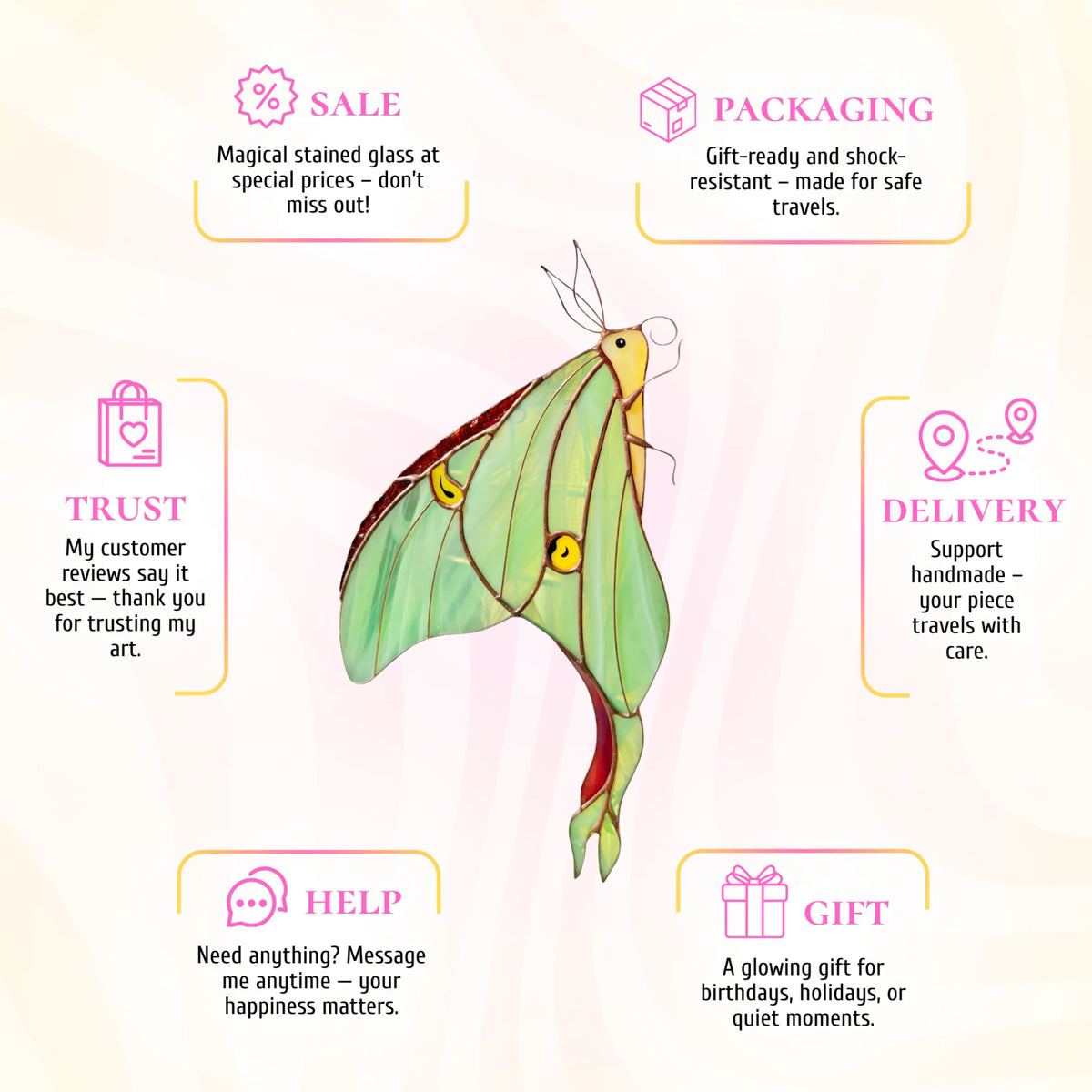 A stunning green stained glass luna moth, making a wonderful gift choice for any holiday or special celebration.