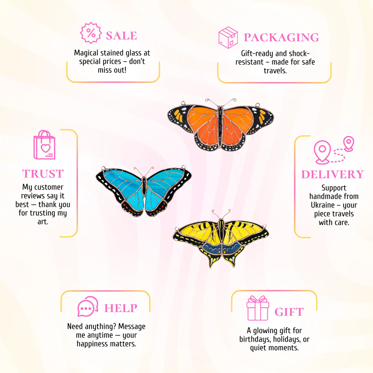 This stained glass monarch, morpho and swallowtail infographic highlights its beauty as a wonderful gift for any celebration.