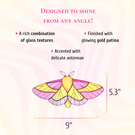 This dimensions infographic shows the stained glass rosy maple moth measures 5.3 inches tall and 9 inches wide.