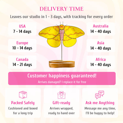 This international delivery infographic outlines global shipping timeframes and customer happiness guarantees for the yellow moth stained glass piece, emphasizing its secure packaging and gift-ready appeal.