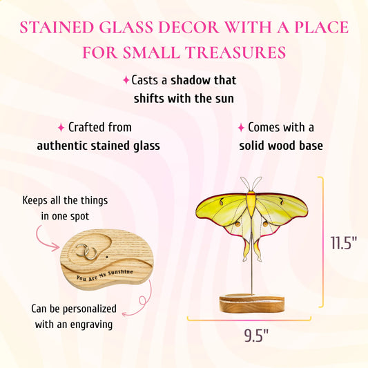 This feature and dimension infographic showcases an elegant yellow luna moth stained glass decor piece standing 11.5 inches tall by 9.5 inches wide, complete with an authentic stained glass design and a personalized wood base for keepsakes.