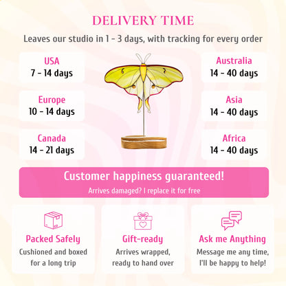  This shipping and service infographic details worldwide delivery timeframes, secure gift-ready packaging, and a customer satisfaction guarantee for the yellow luna moth stained glass artwork