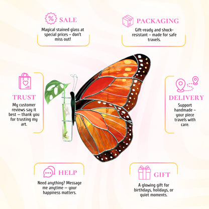 This stained glass butterfly propagation station infographic highlights its beauty as a wonderful gift for any celebration.