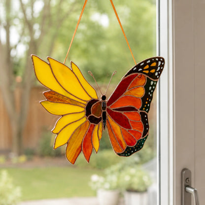 A stunning stained glass butterfly blending a sunflower and a monarch wing, hanging by a window to make a gorgeous, thoughtful gift.