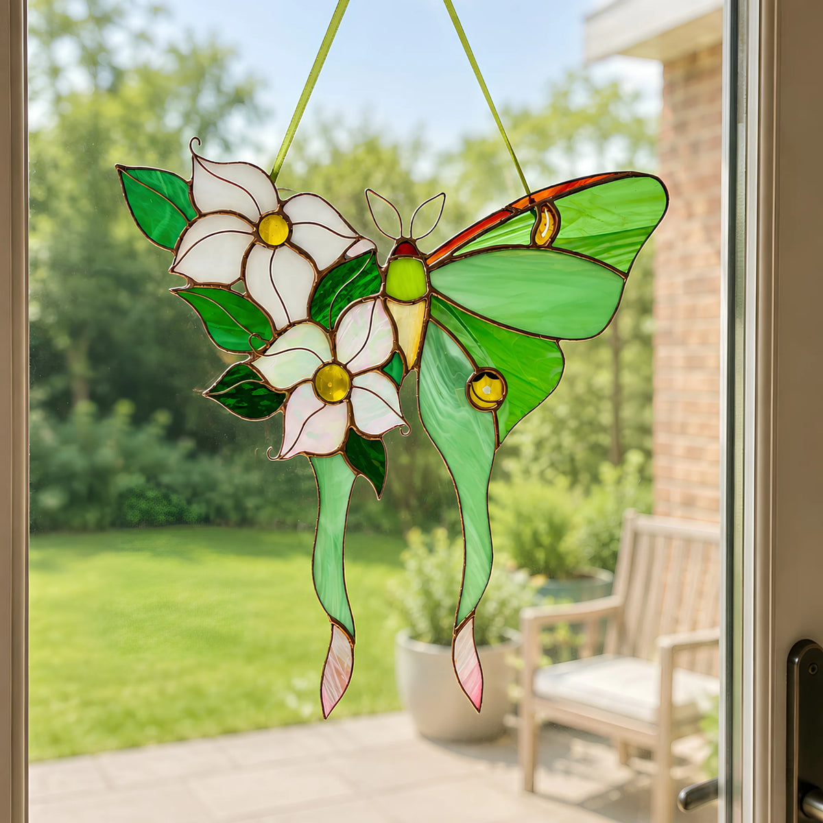 A stained glass suncatcher, a green luna moth butterfly with white flowers and green leaves, hanging on a glass door with a blurred backyard patio background.