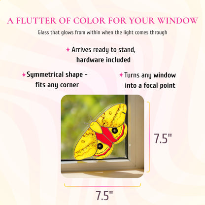 Io moth stained glass window corner, 7.5 by 7.5 inches, shown in a window corner. Text: a flutter of color for your window, glass that glows from within when the light comes through. Arrives ready to stand with hardware included, its symmetrical shape fits any corner and turns any window into a focal point.