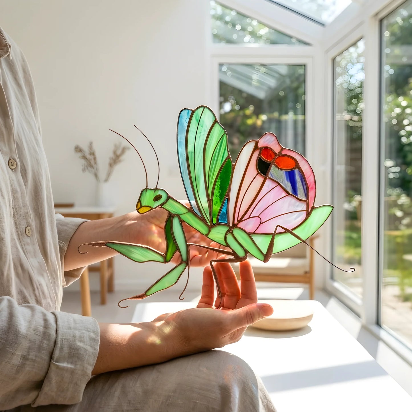 Praying Mantis with Flolar Wing · Stained Glass Suncatcher