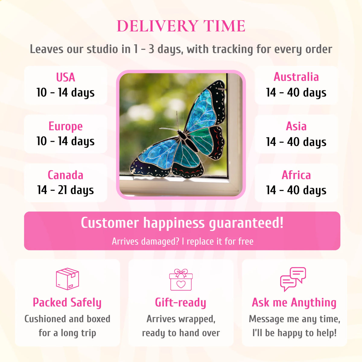Delivery info for the blue morpho stained glass window corner, pictured in a window. Ships from the studio in 1-3 days with tracking. Delivery: USA and Europe 10-14 days, Canada 14-21 days, Australia, Asia and Africa 14-40 days. If it arrives damaged, it is replaced for free. Cushioned and boxed for the trip, arrives gift-wrapped, and you can message the maker any time.