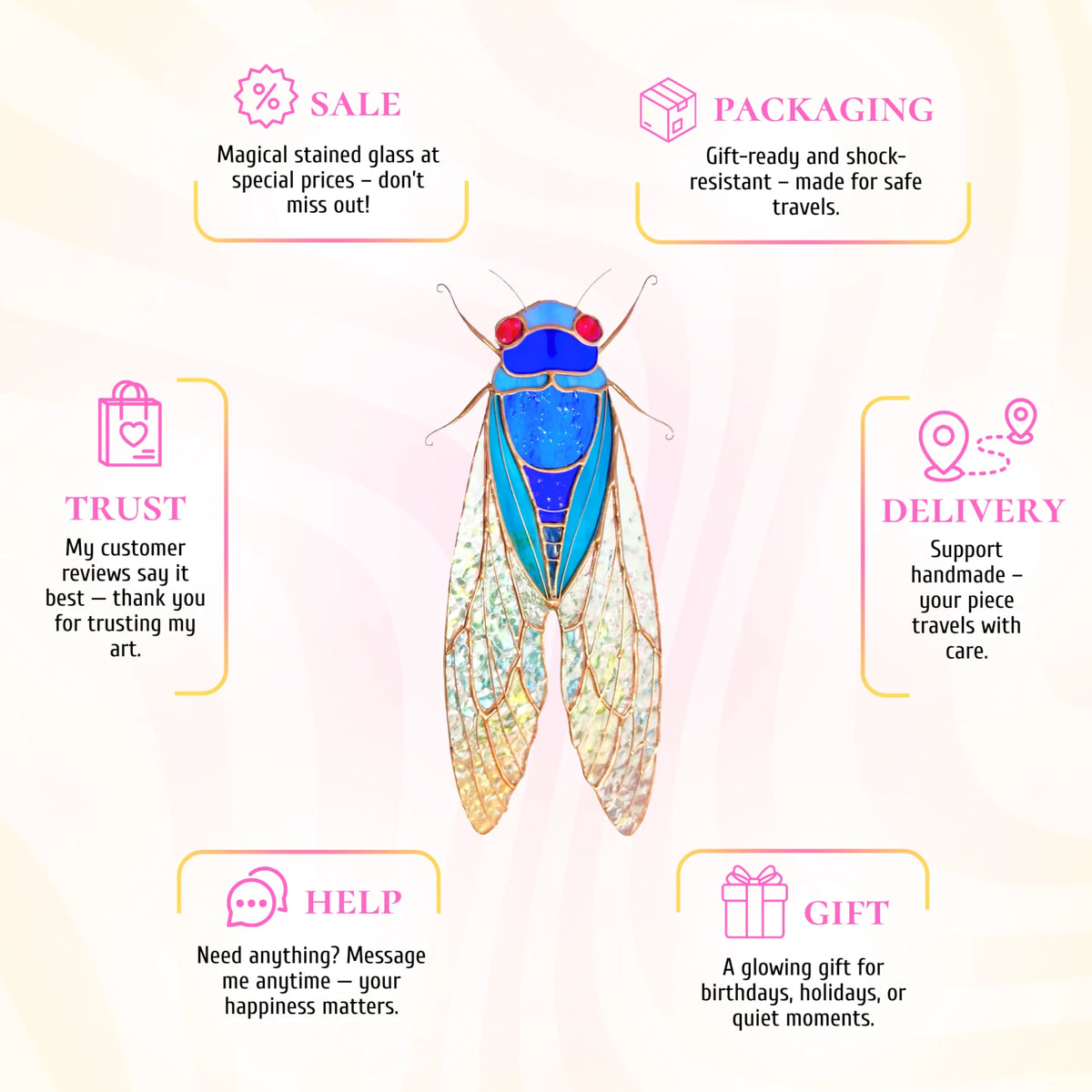 This stained glass butterfly with flowers infographic highlights its beauty as a wonderful gift for any celebration.