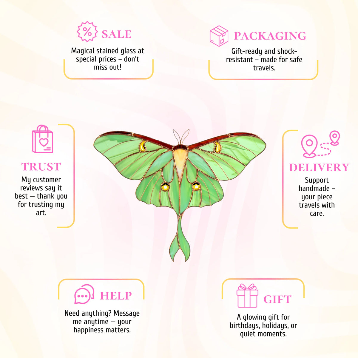 Stained glass green luna moth infographic detailing safe packaging, customer reviews, and lovely holiday presents.