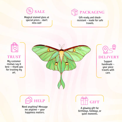 Stained glass green luna moth infographic detailing safe packaging, customer reviews, and lovely holiday presents.