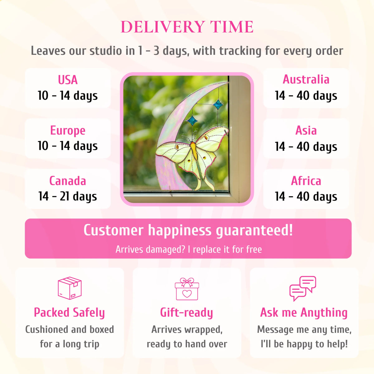 Delivery info for the luna moth and crescent moon stained glass window corner, pictured in a window. Ships from the studio in 1-3 days with tracking. Delivery: USA and Europe 10-14 days, Canada 14-21 days, Australia, Asia and Africa 14-40 days. If it arrives damaged, it is replaced for free. Cushioned and boxed for the trip, arrives gift-wrapped, and you can message the maker any time.