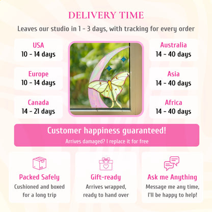 Delivery info for the luna moth and crescent moon stained glass window corner, pictured in a window. Ships from the studio in 1-3 days with tracking. Delivery: USA and Europe 10-14 days, Canada 14-21 days, Australia, Asia and Africa 14-40 days. If it arrives damaged, it is replaced for free. Cushioned and boxed for the trip, arrives gift-wrapped, and you can message the maker any time.