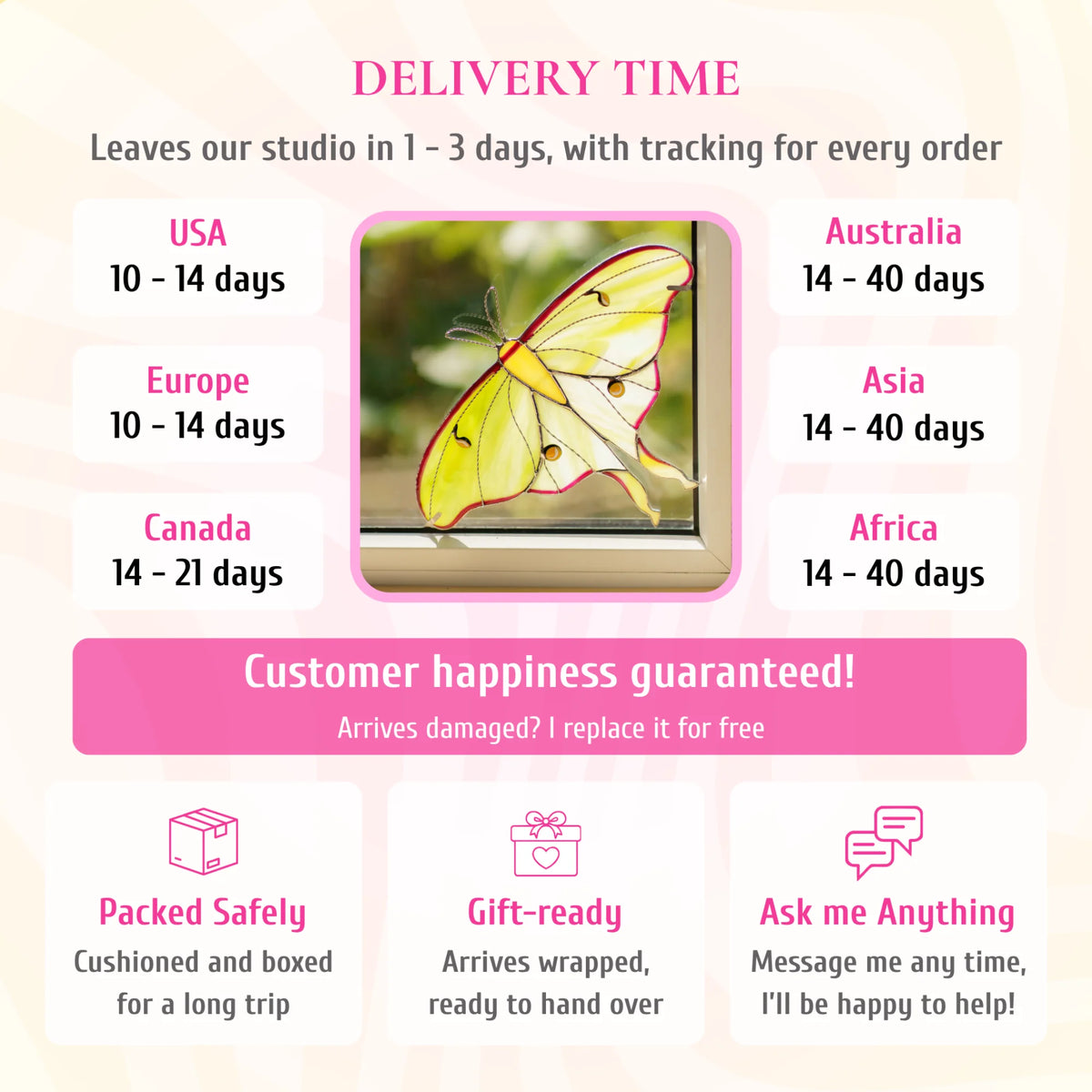 Delivery info for the luna moth stained glass window corner, pictured in a window. Ships from the studio in 1-3 days with tracking. Delivery: USA and Europe 10-14 days, Canada 14-21 days, Australia, Asia and Africa 14-40 days. If it arrives damaged, it is replaced for free. Cushioned and boxed for the trip, arrives gift-wrapped, and you can message the maker any time.