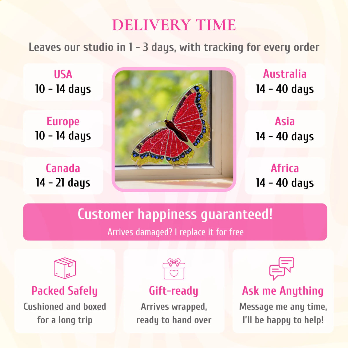 Delivery info for the mourning cloak stained glass window corner, pictured in a window. Ships from the studio in 1-3 days with tracking. Delivery: USA and Europe 10-14 days, Canada 14-21 days, Australia, Asia and Africa 14-40 days. If it arrives damaged, it is replaced for free. Cushioned and boxed for the trip, arrives gift-wrapped, and you can message the maker any time.