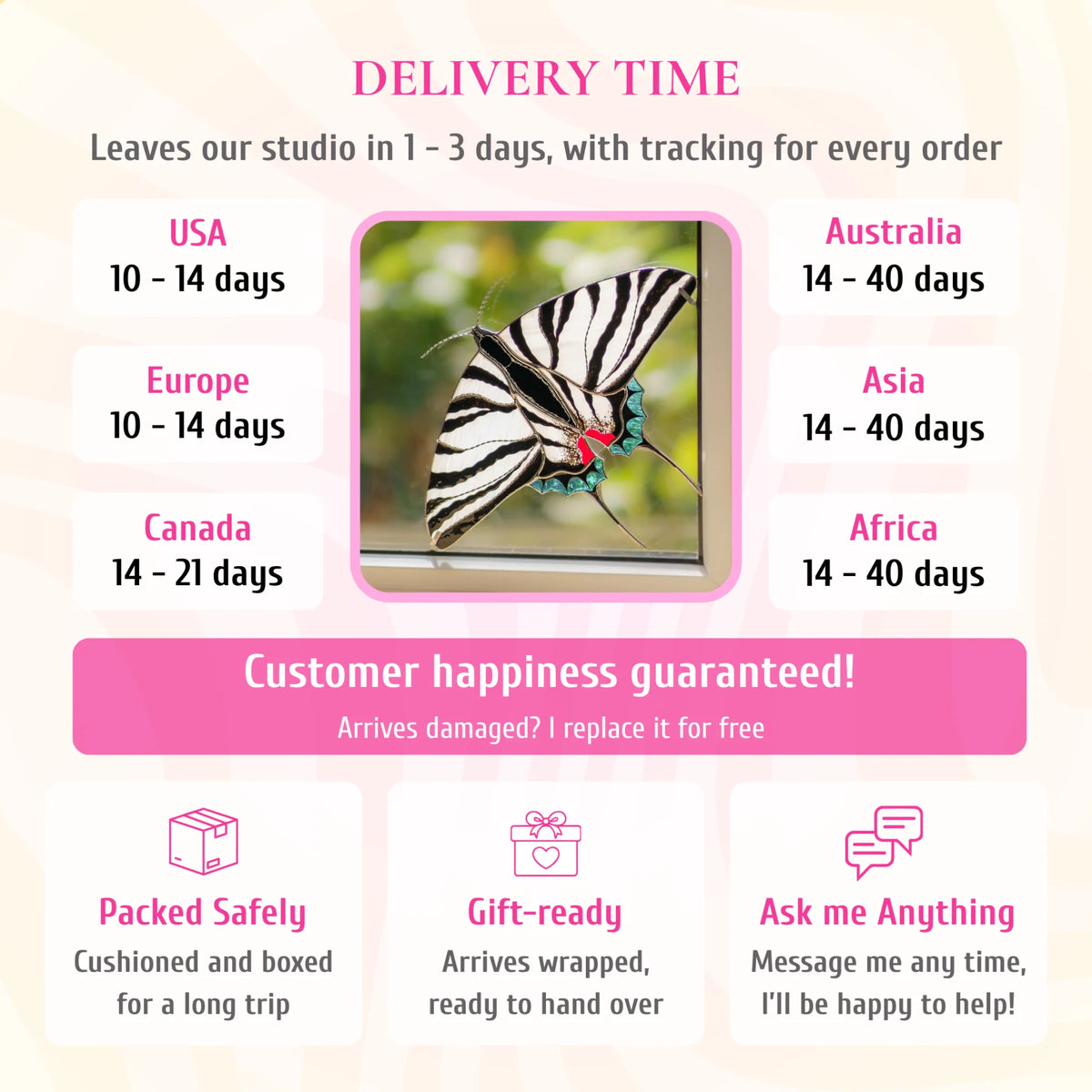 Delivery info for the zebra swallowtail stained glass window corner, pictured in a window. Ships from the studio in 1-3 days with tracking. Delivery: USA and Europe 10-14 days, Canada 14-21 days, Australia, Asia and Africa 14-40 days. If it arrives damaged, it is replaced for free. Cushioned and boxed for the trip, arrives gift-wrapped, and you can message the maker any time.