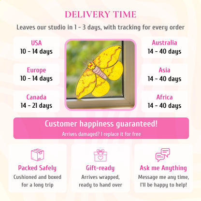 Delivery info for the imperial moth stained glass window corner, pictured in a window. Ships from the studio in 1-3 days with tracking. Delivery: USA and Europe 10-14 days, Canada 14-21 days, Australia, Asia and Africa 14-40 days. If it arrives damaged, it is replaced for free. Cushioned and boxed for the trip, arrives gift-wrapped, and you can message the maker any time.